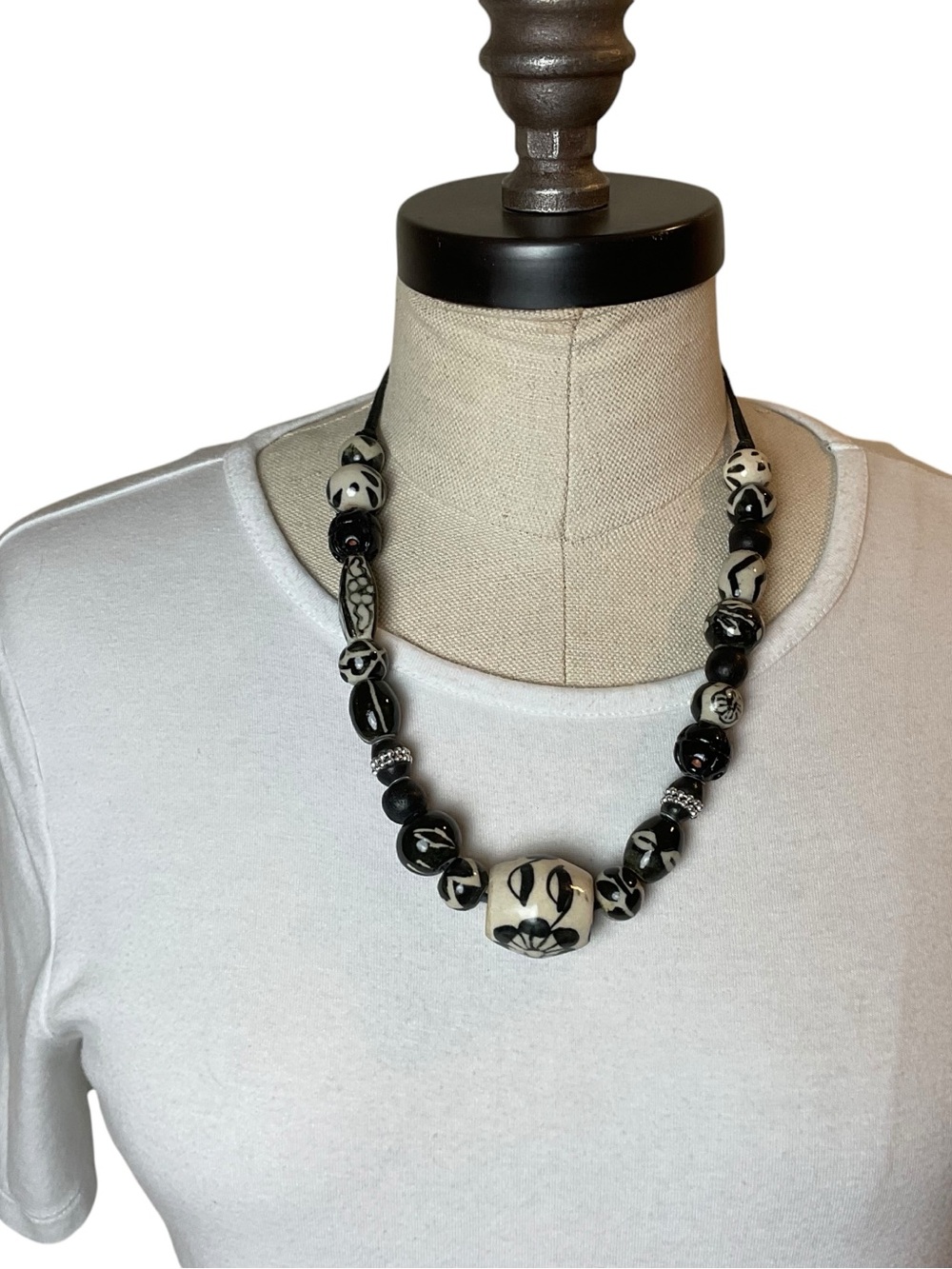 Handcrafted Black & White Beaded Statement Necklace